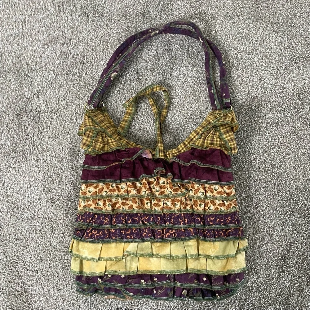 Womens Handmade Ruffle Cottagecore Boho Bag Mix Pattern Quilted Hobo Sack Purse